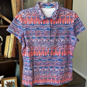 J.Mclaughlin Polo Top Coral Periwinkle Geometric Beach Catalina Cloth Large‎